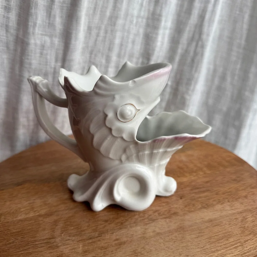 Vintage Shaving Scuttle Mug White Pink Fish Grotesque Gold Trim Victorian